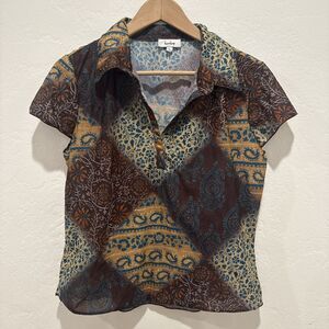 Harlow Womens Blouse L Large Brown V Neck Collared Short Sleeve Top Lightweight